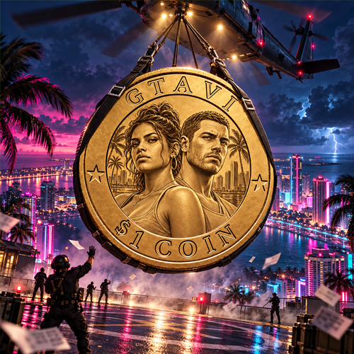 GTAVI $1 Coin golden coin lifted by helicopter over a neon rooftop